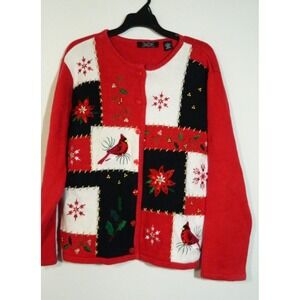 VTG Crystal Kobe Christmas Cardinal Button Sequins Embroidered Sweater Womens L